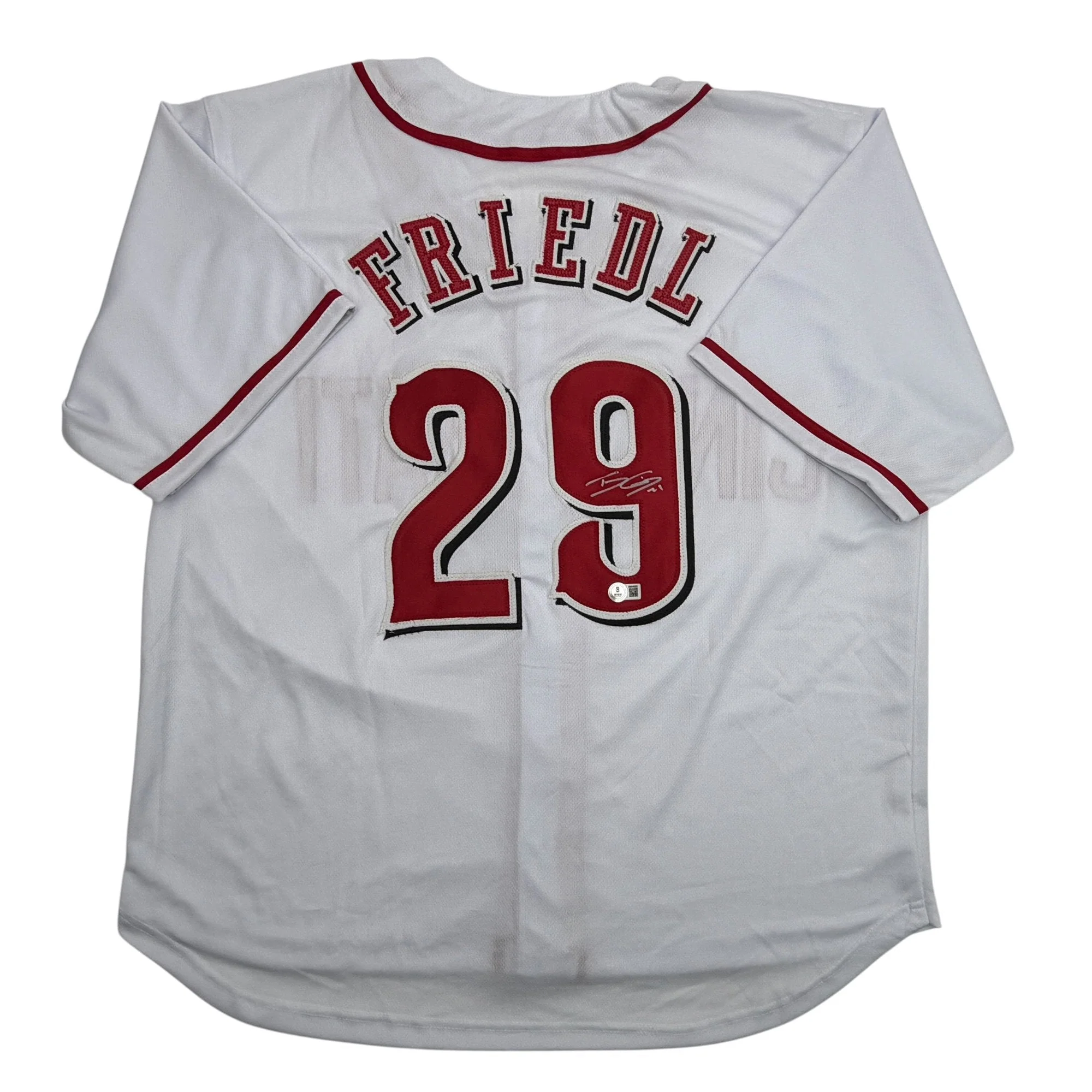 Autographed/Signed TJ Friedl Cincinnati White Baseball Jersey Beckett BAS COA