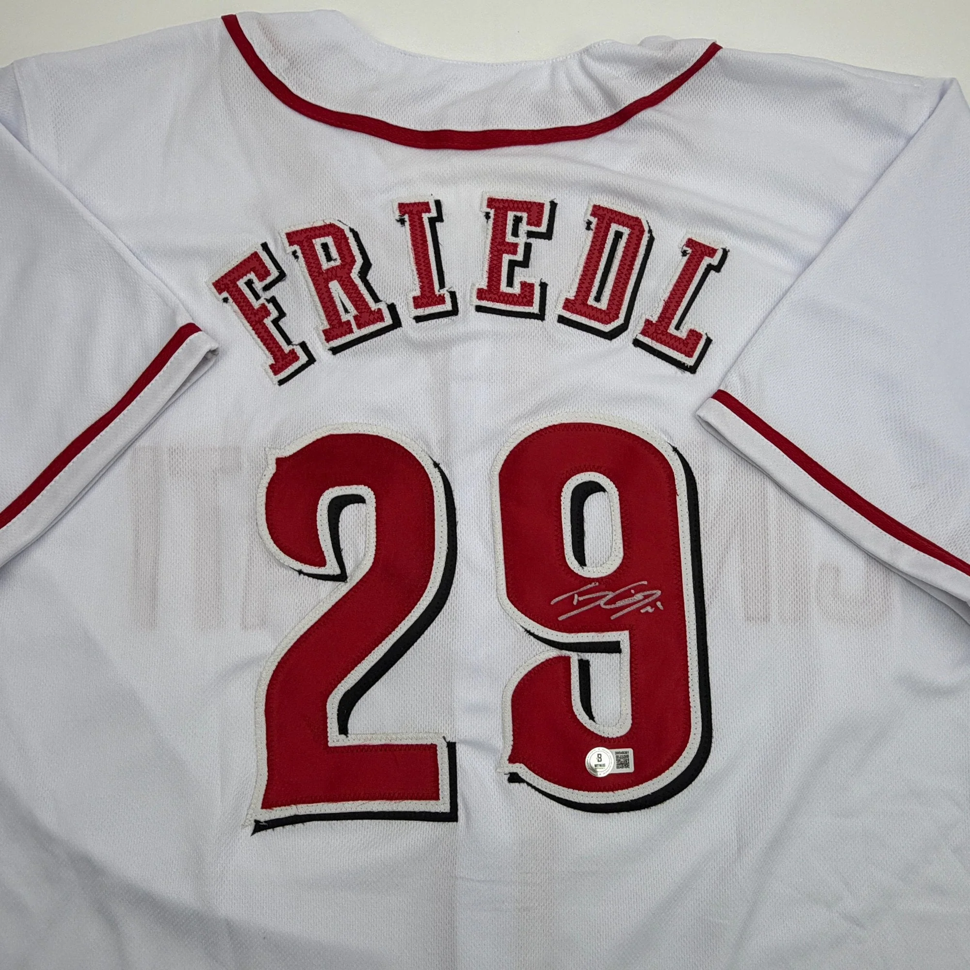 Autographed/Signed TJ Friedl Cincinnati White Baseball Jersey Beckett BAS COA - Image 2
