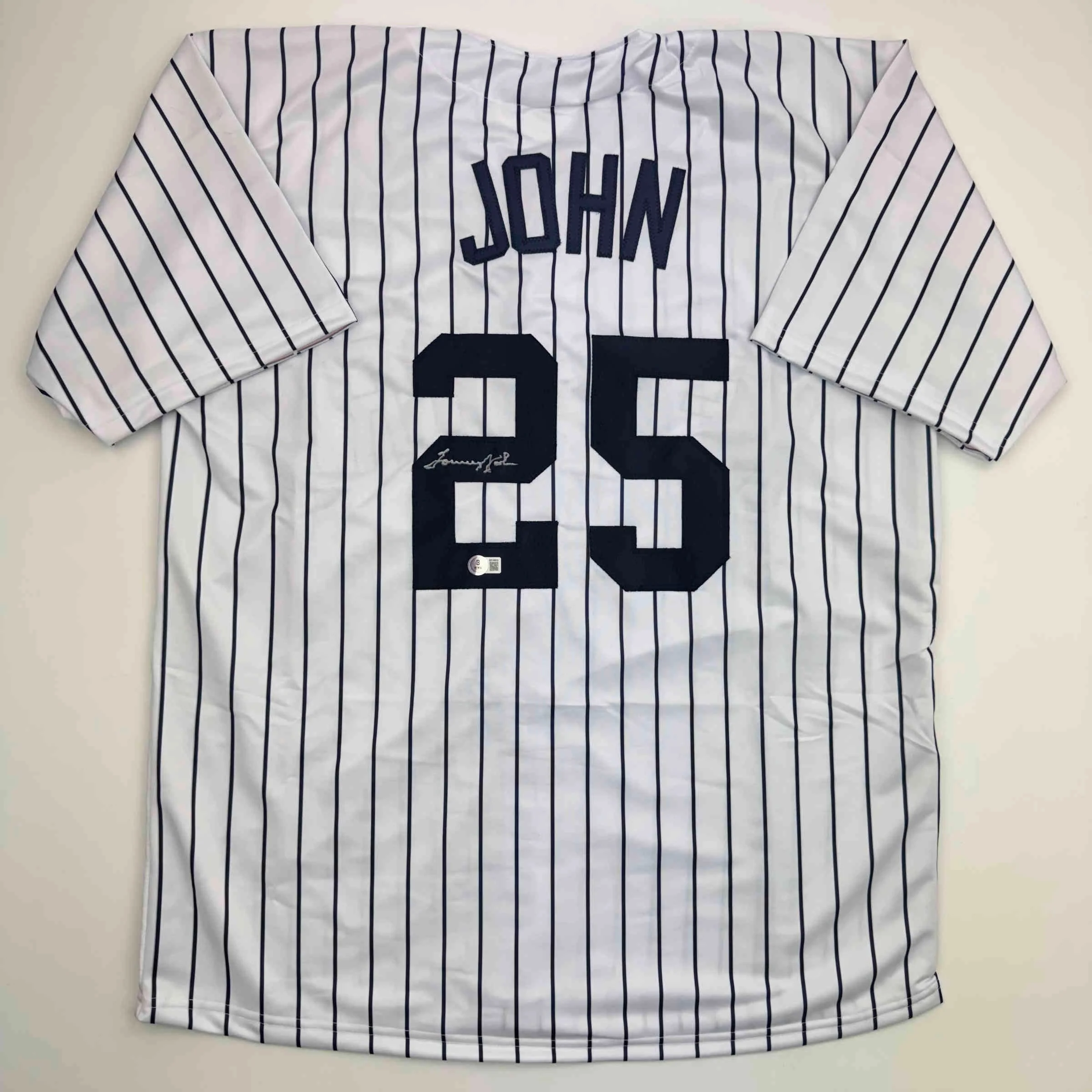 Autographed/Signed Tommy John New York Pinstripe Baseball Jersey Beckett BAS COA