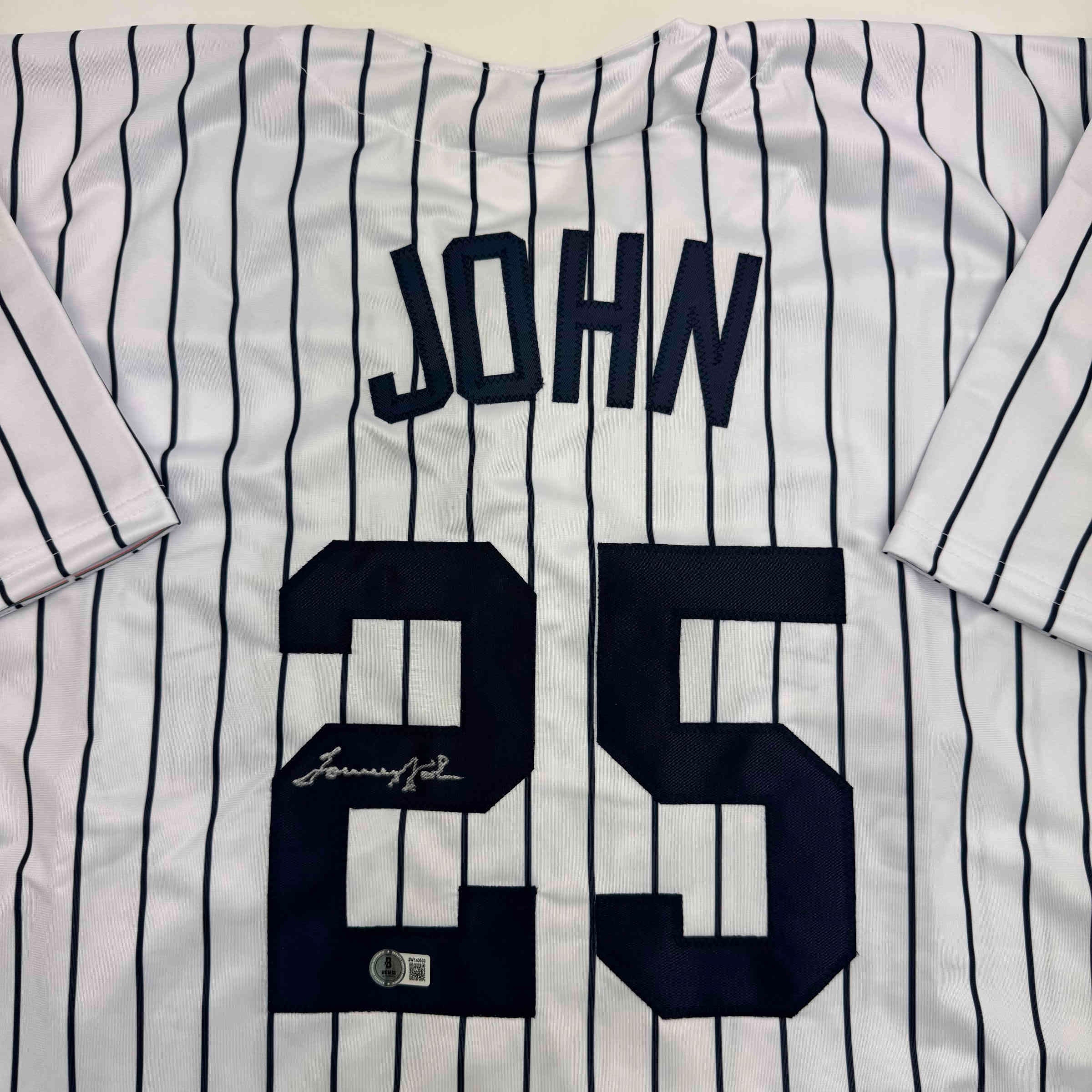 Autographed/Signed Tommy John New York Pinstripe Baseball Jersey Beckett BAS COA - Image 2