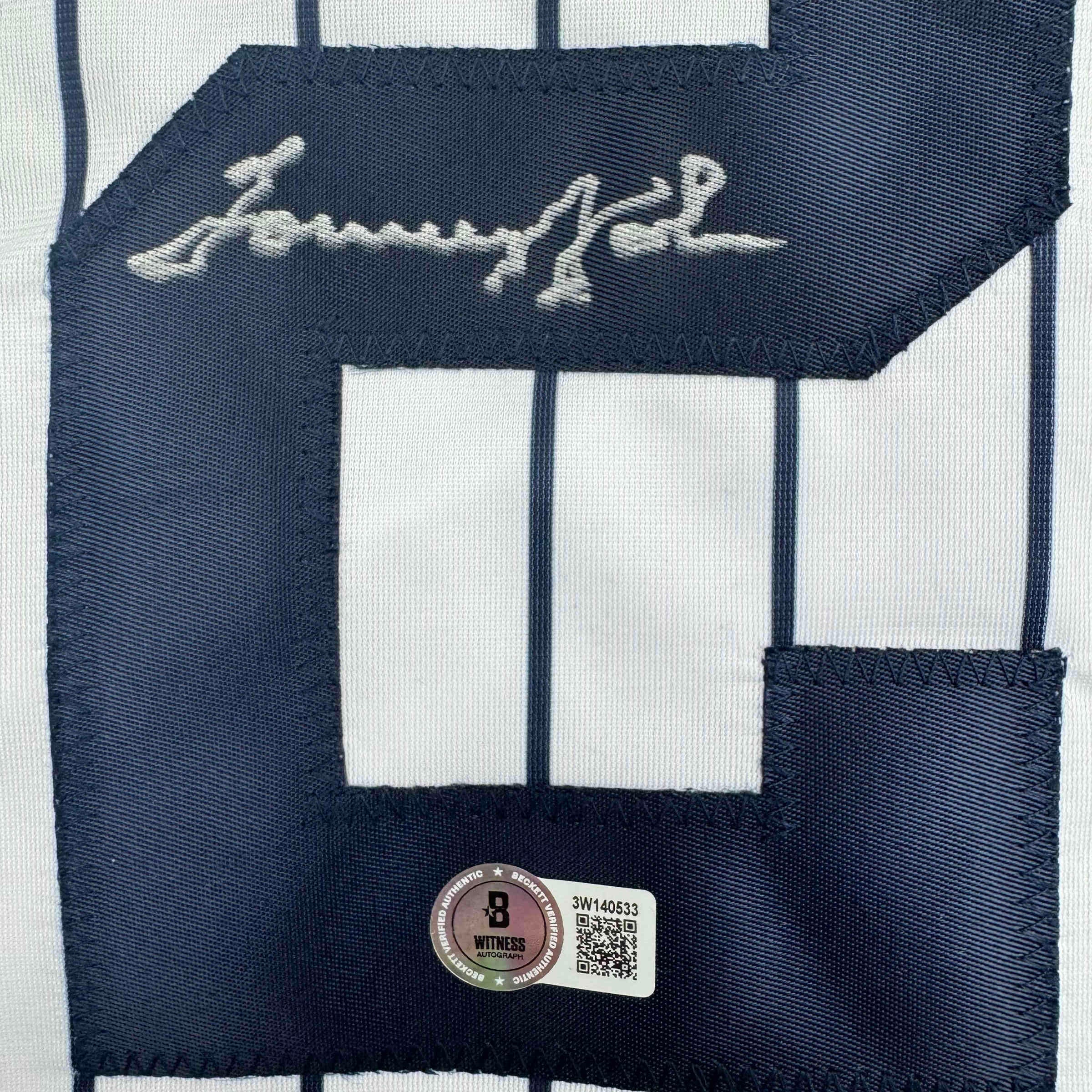 Autographed/Signed Tommy John New York Pinstripe Baseball Jersey Beckett BAS COA - Image 3