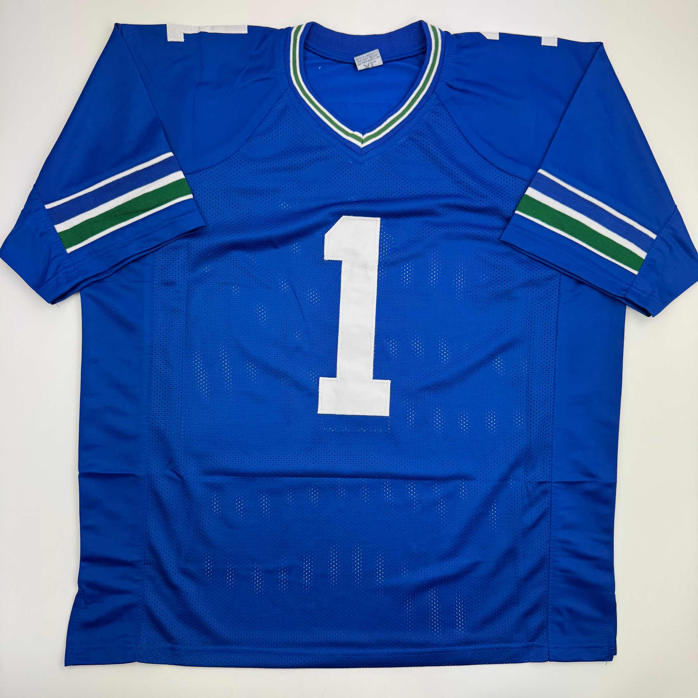 Autographed/Signed Warren Moon HOF 06 Seattle Blue Retro Football Jersey Beckett BAS COA - Image 4
