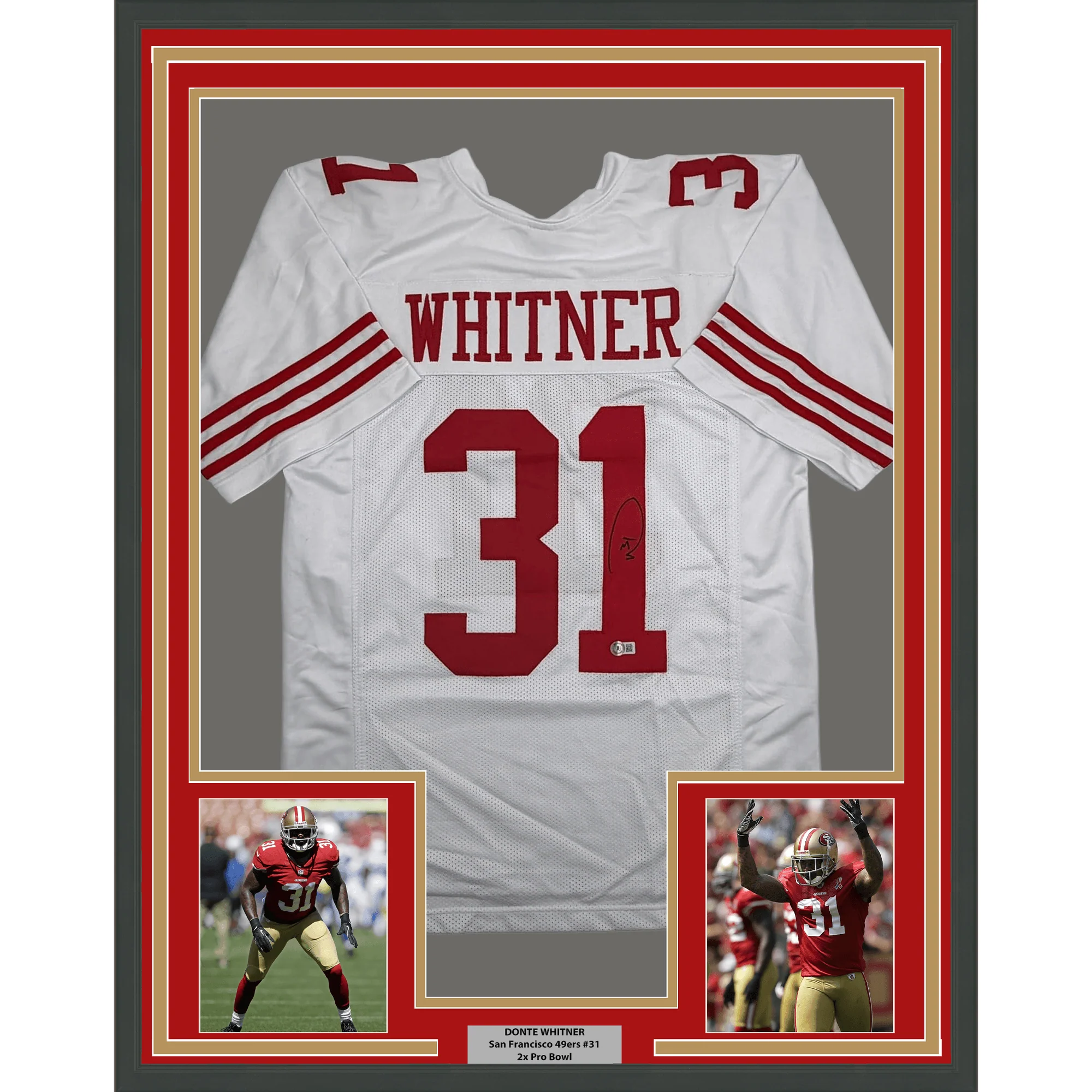 Framed Autographed/Signed Donte Whitner 35x39 San Francisco White Football Jersey Beckett BAS COA