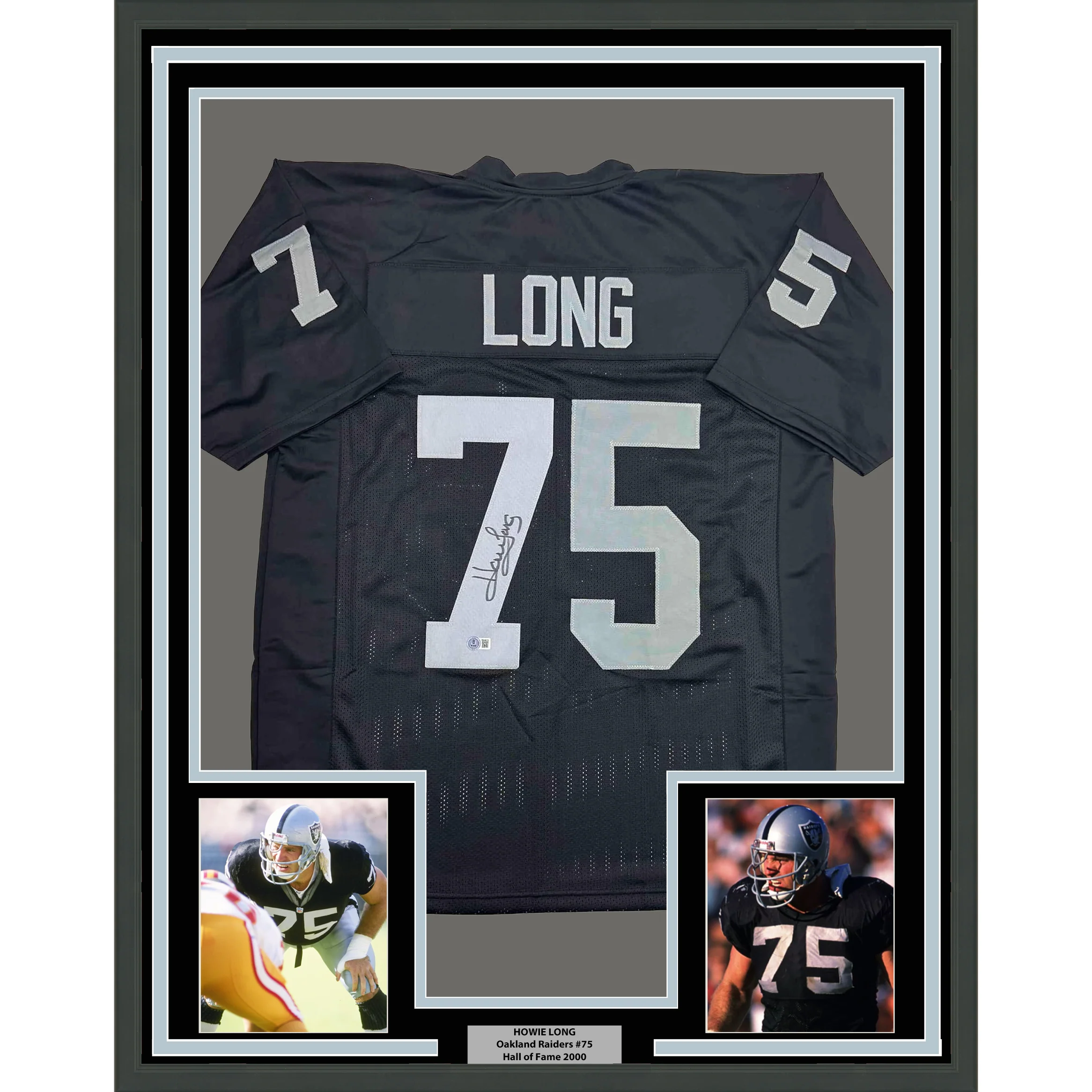 Framed Autographed/Signed Howie Long 35x39 Oakland White Football Jersey Beckett BAS COA
