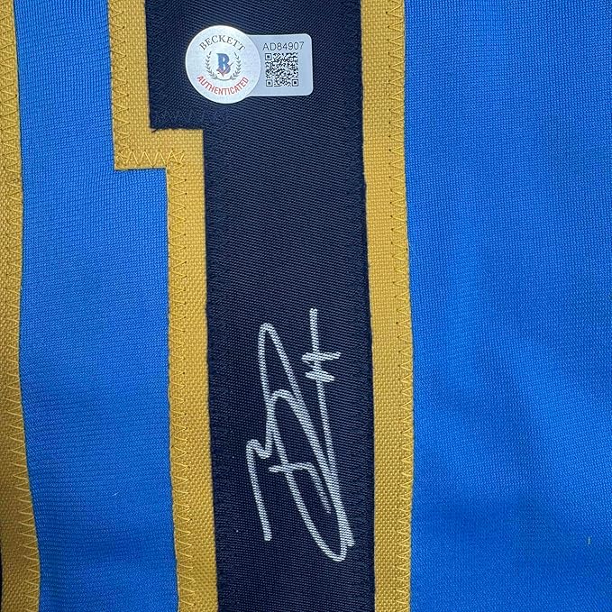 Framed Autographed/Signed Jackson Chourio 35x39 Milwaukee Blue Baseball Jersey Beckett BAS COA - Image 2