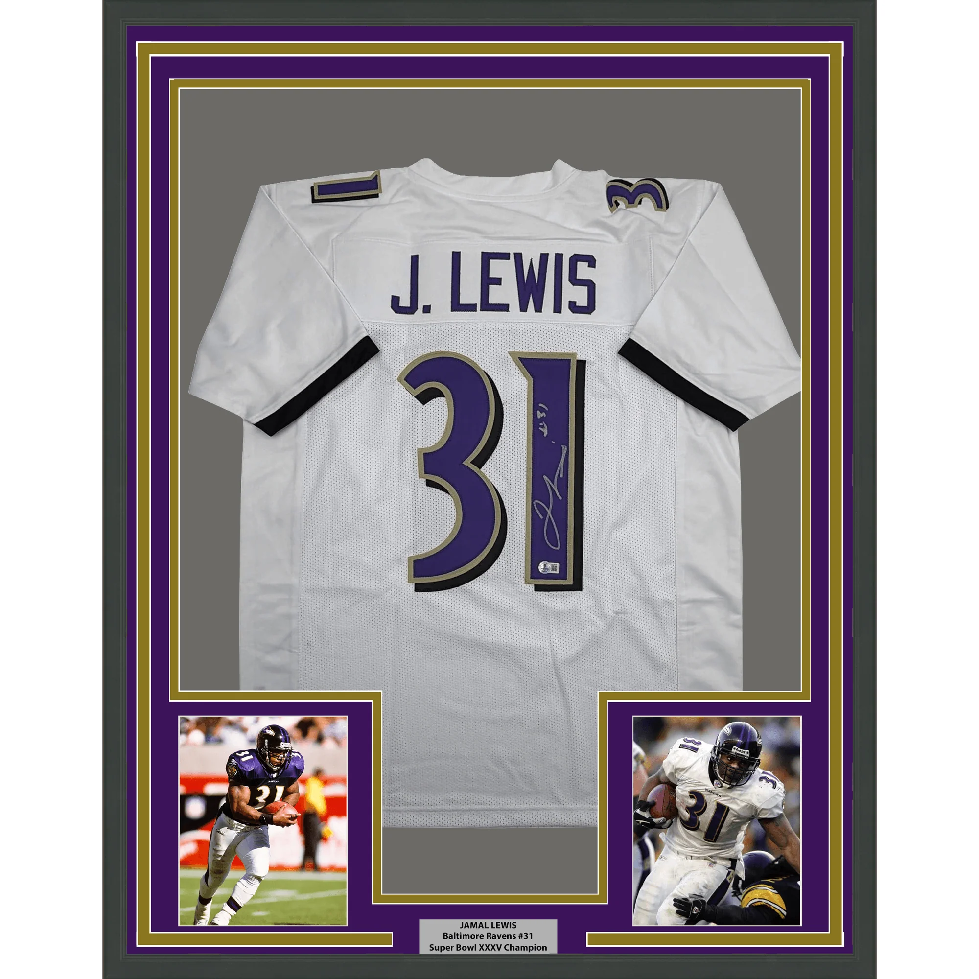 Framed Autographed/Signed Jamal Lewis 35x39 Baltimore White Football Jersey Beckett BAS COA