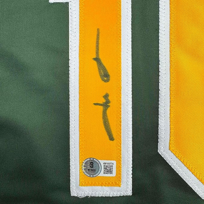 Framed Autographed/Signed Jason Giambi 35x39 Oakland Green Baseball Jersey Beckett BAS COA - Image 2