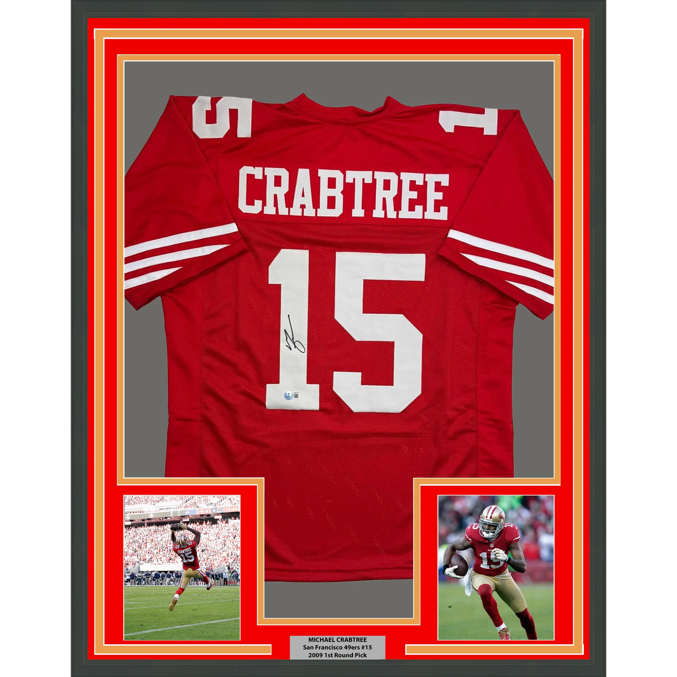 Framed Autographed/Signed Michael Crabtree 35x39 San Francisco Red Football Jersey Beckett BAS COA