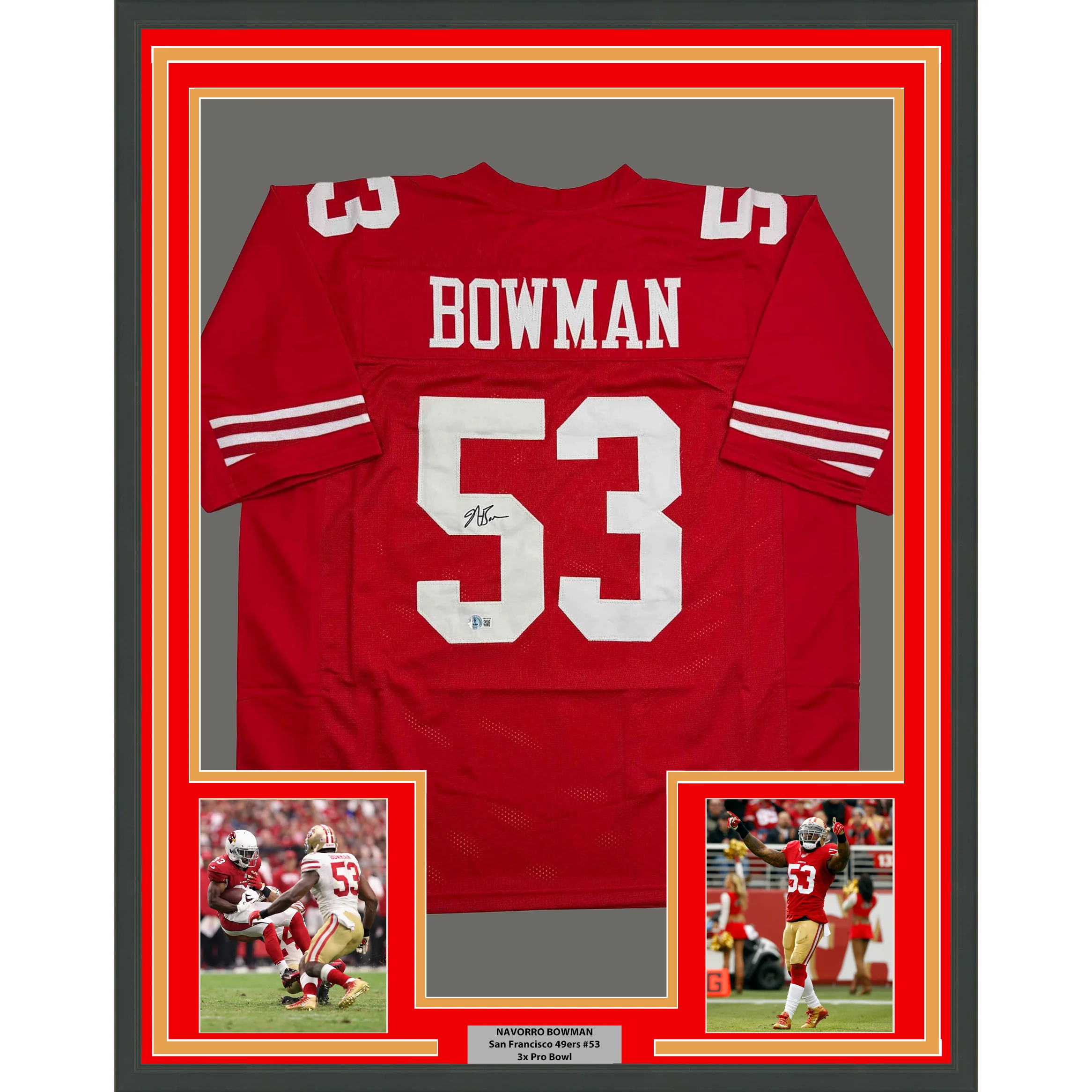 Framed Autographed/Signed NaVorro Bowman 35x39 San Francisco Red Football Jersey Beckett BAS COA