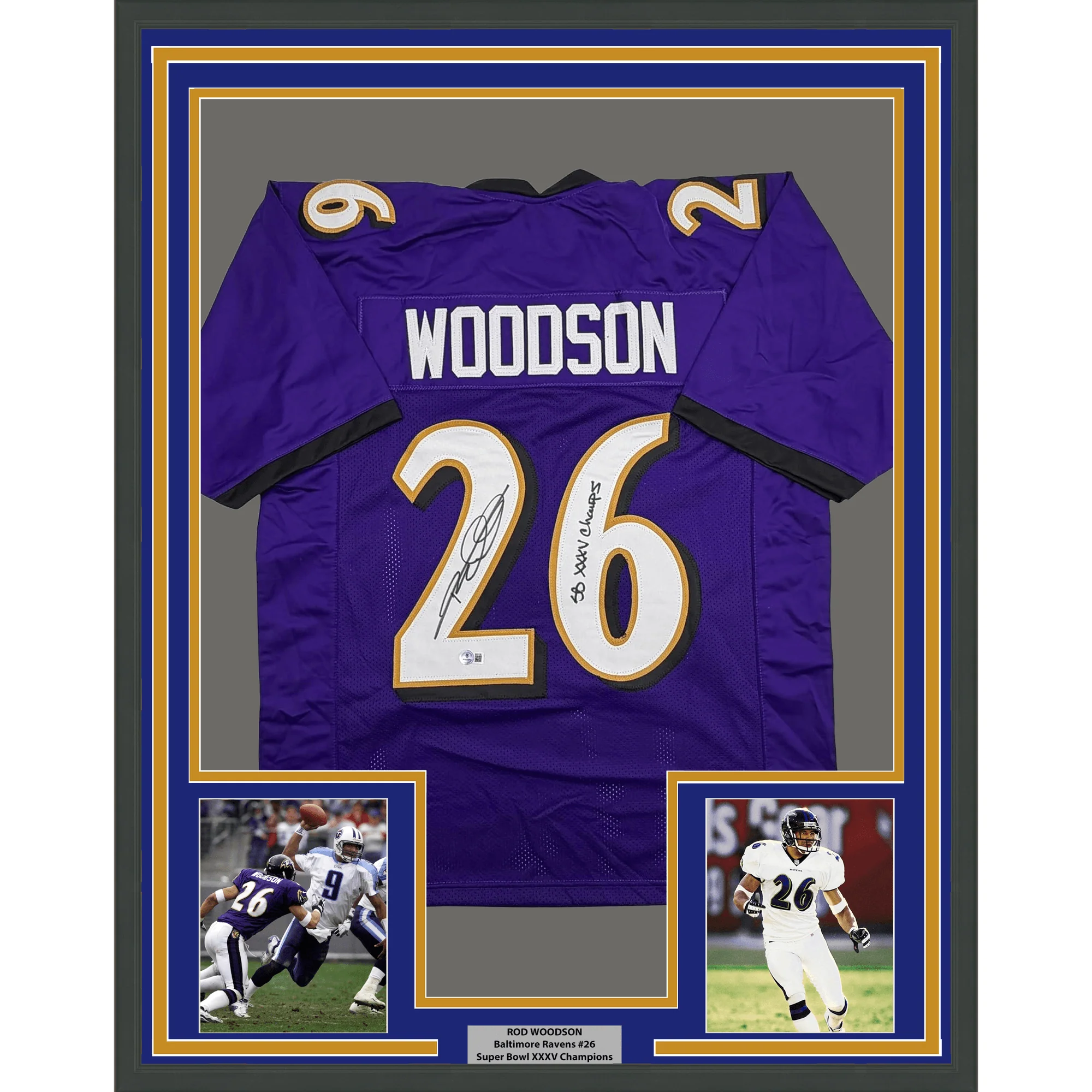 Framed Autographed/Signed Rod Woodson 35x39 SB XXXV Champs Baltimore Purple Football Jersey Beckett BAS COA
