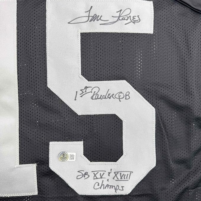 Framed Autographed/Signed Tom Flores 35x39 Las Vegas Oakland Black Football Jersey Beckett BAS COA - Image 2