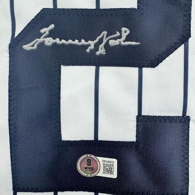 Framed Autographed/Signed Tommy John 35x39 New York Pinstripe Baseball Jersey Beckett BAS COA - Image 2