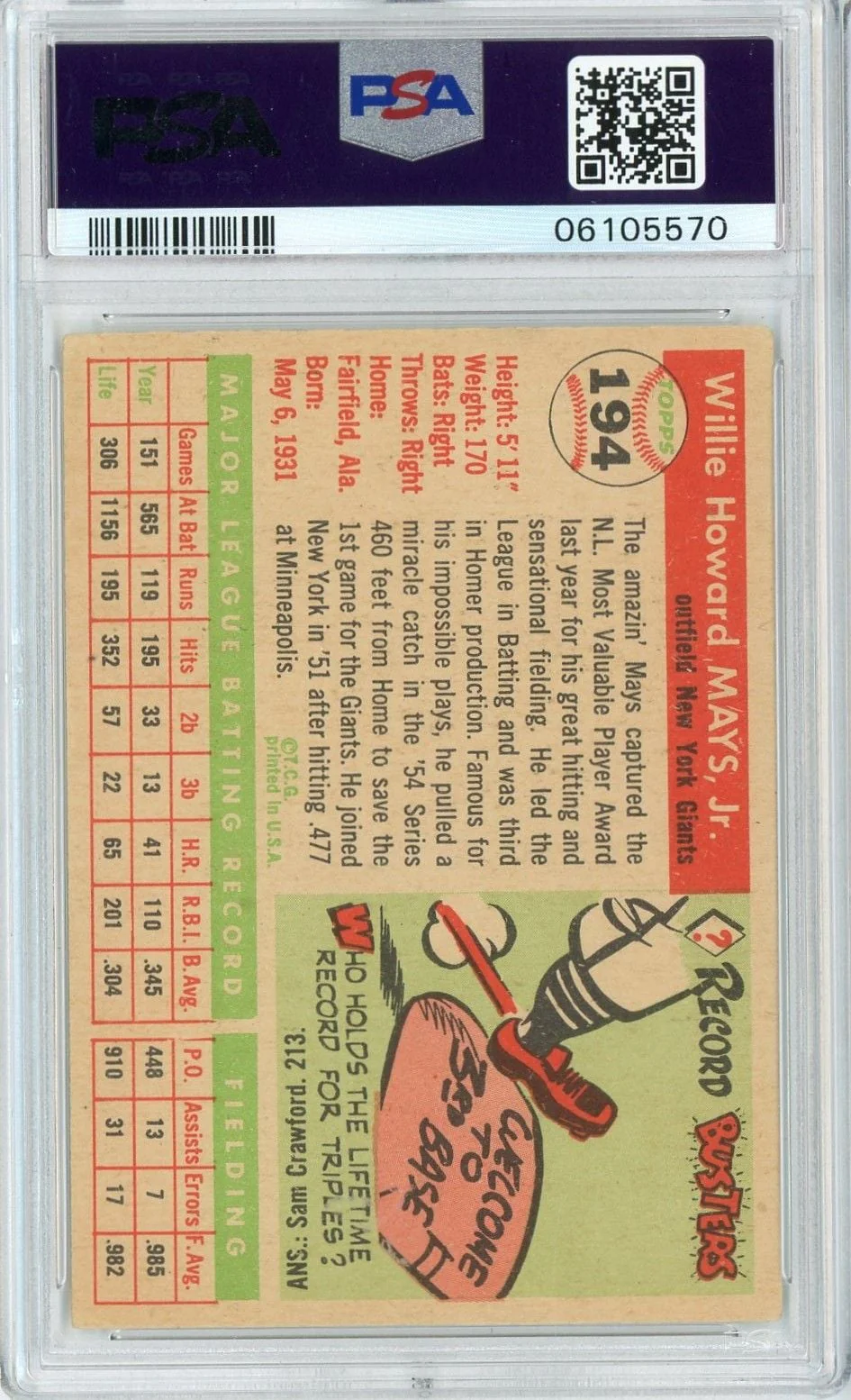 Graded 1955 Topps Willie Mays #194 Baseball Card PSA 5 Excellent - Image 2