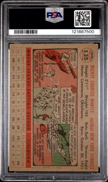 Graded 1956 Topps Mickey Mantle #135 Gray Back Baseball Card PSA 3 Very Good - Image 2