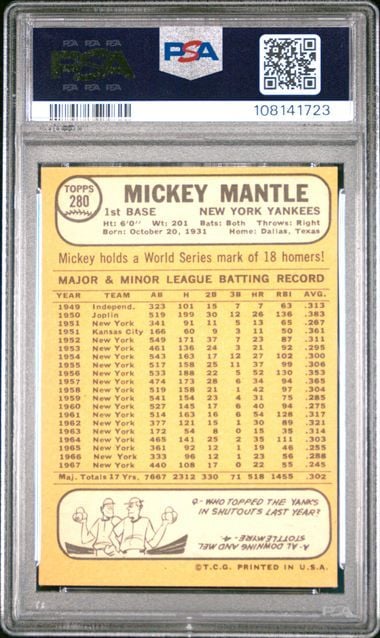 Graded 1968 Topps Mickey Mantle #280 Baseball Card PSA 6 EX-MT - Image 2
