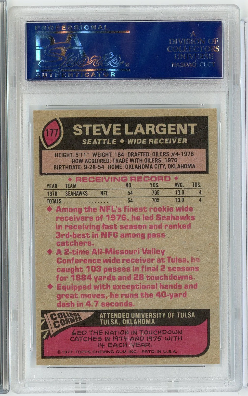 Graded 1977 Topps Steve Largent #177 Seattle Seahawks Rookie RC Football Card PSA 9 Mint - Image 2