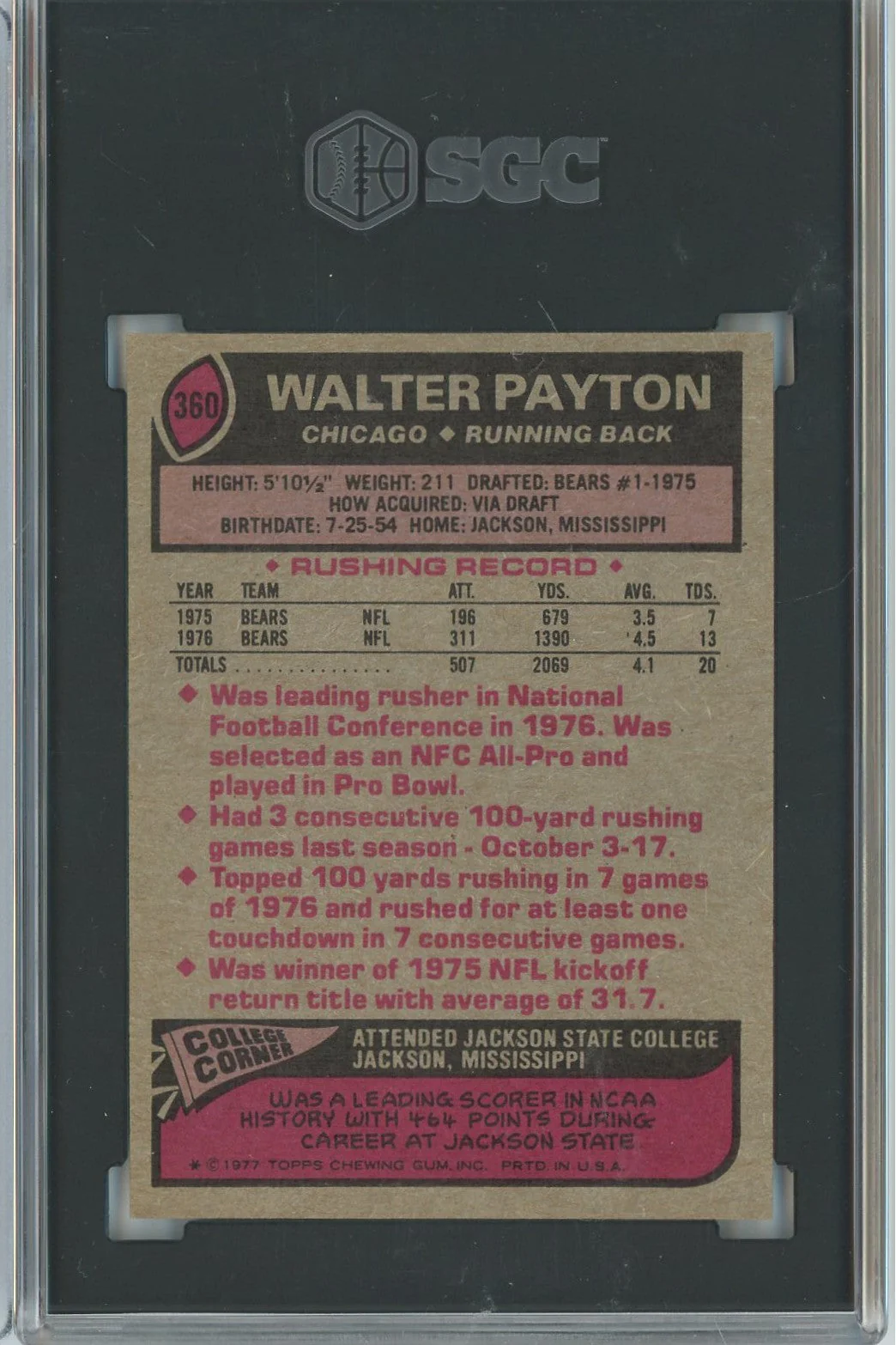 Graded 1977 Topps Walter Payton #360 2nd Year Football Card SGC 8 NM-MT - Image 2