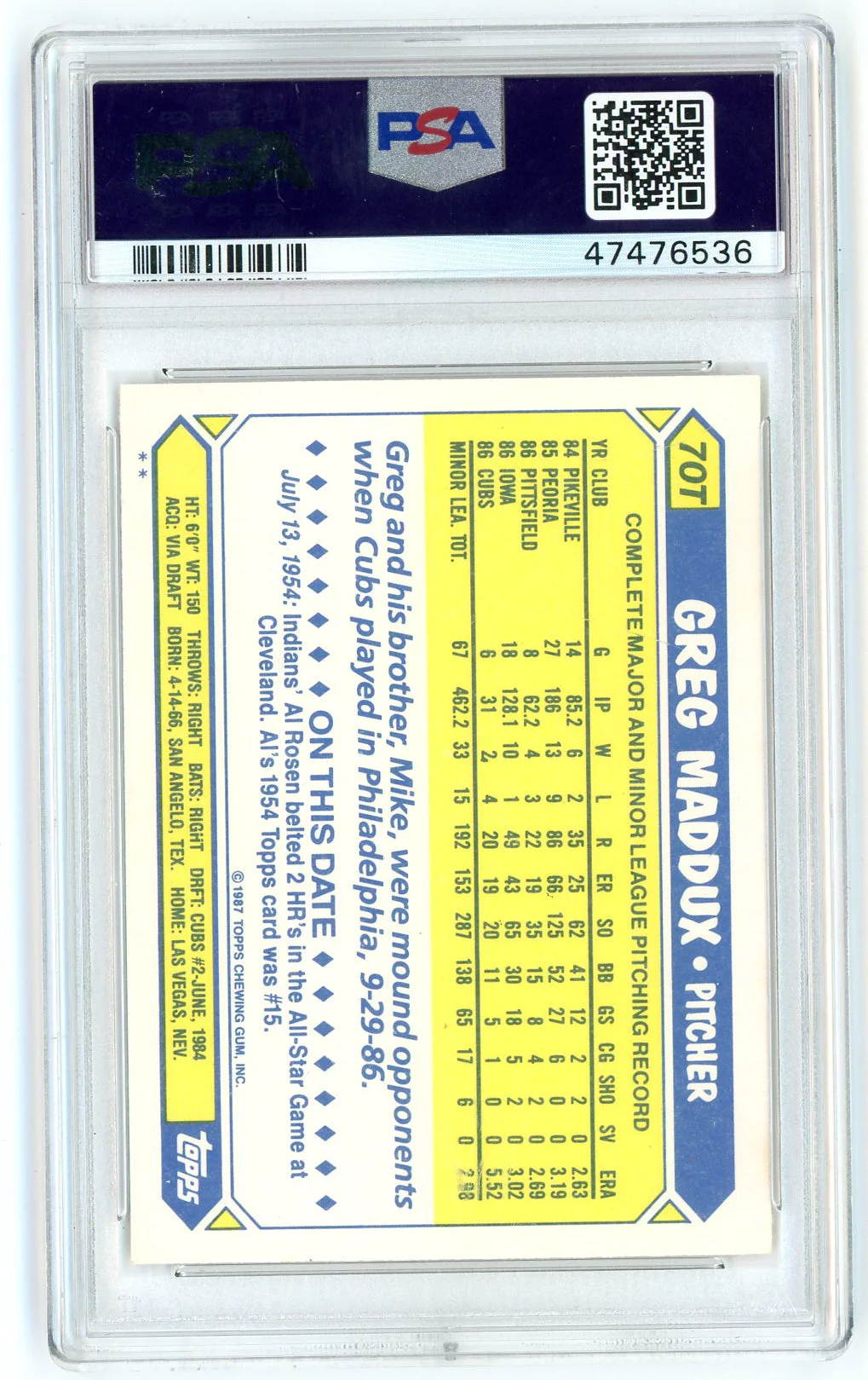 Graded 1987 Topps Traded Greg Maddux #70T Rookie RC Baseball Card PSA 10 Gem Mint - Image 2