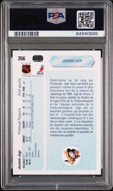 Graded 1990 Upper Deck French Jaromir Jagr #356 Rookie RC Hockey Card PSA 9 Mint - Image 2