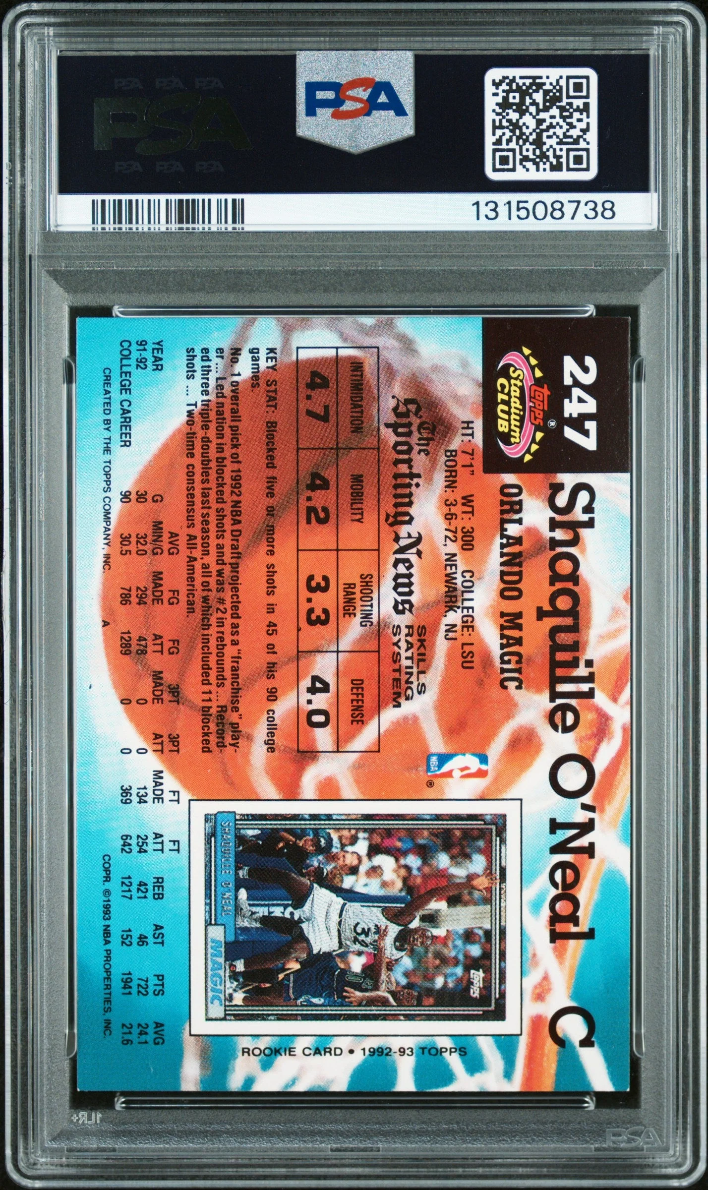 Graded 1992-93 Stadium Club Shaquille O'Neal #247 Rookie RC Basketball Card PSA 9 Auto Grade Mint - Image 2