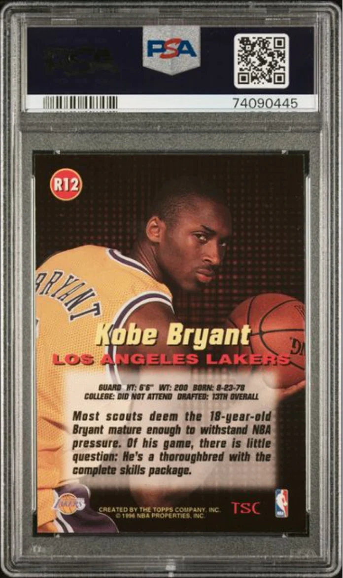 Graded 1996 Stadium Club Kobe Bryant #R12 Rookies 1 Rookie RC Basketball Card PSA 9 Mint - Image 2