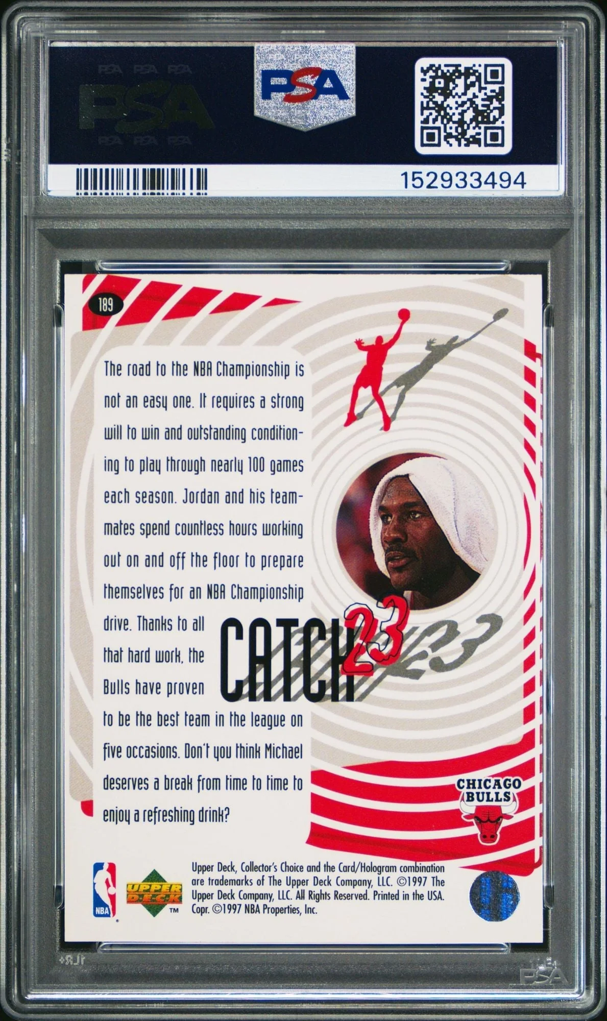Graded 1997 Upper Deck UD Collector's Choice Michael Jordan #189 Catch 23 Championship Drive Basketball Card PSA 10 Gem Mint - Image 2