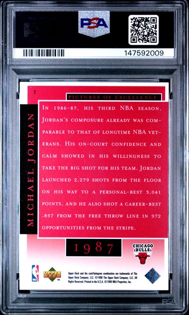 Graded 1998 UD MJ Career Collection Michael Jordan #2 Pictures of Excellence Basketball Card PSA 9 Mint - Image 2