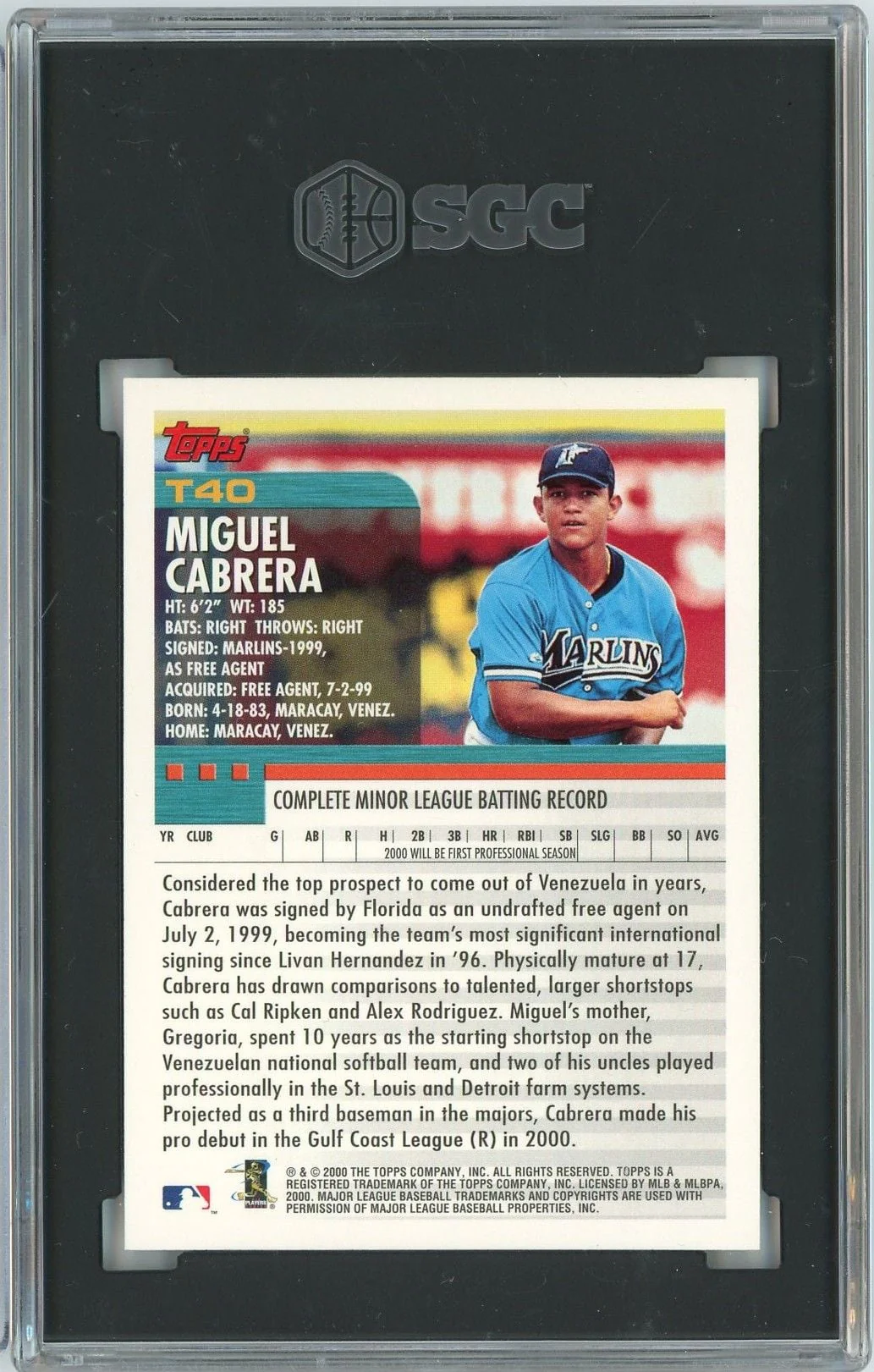 Graded 2000 Topps Traded Miguel Cabrera #T40 Rookie RC Baseball Card SGC 9 Mint - Image 2