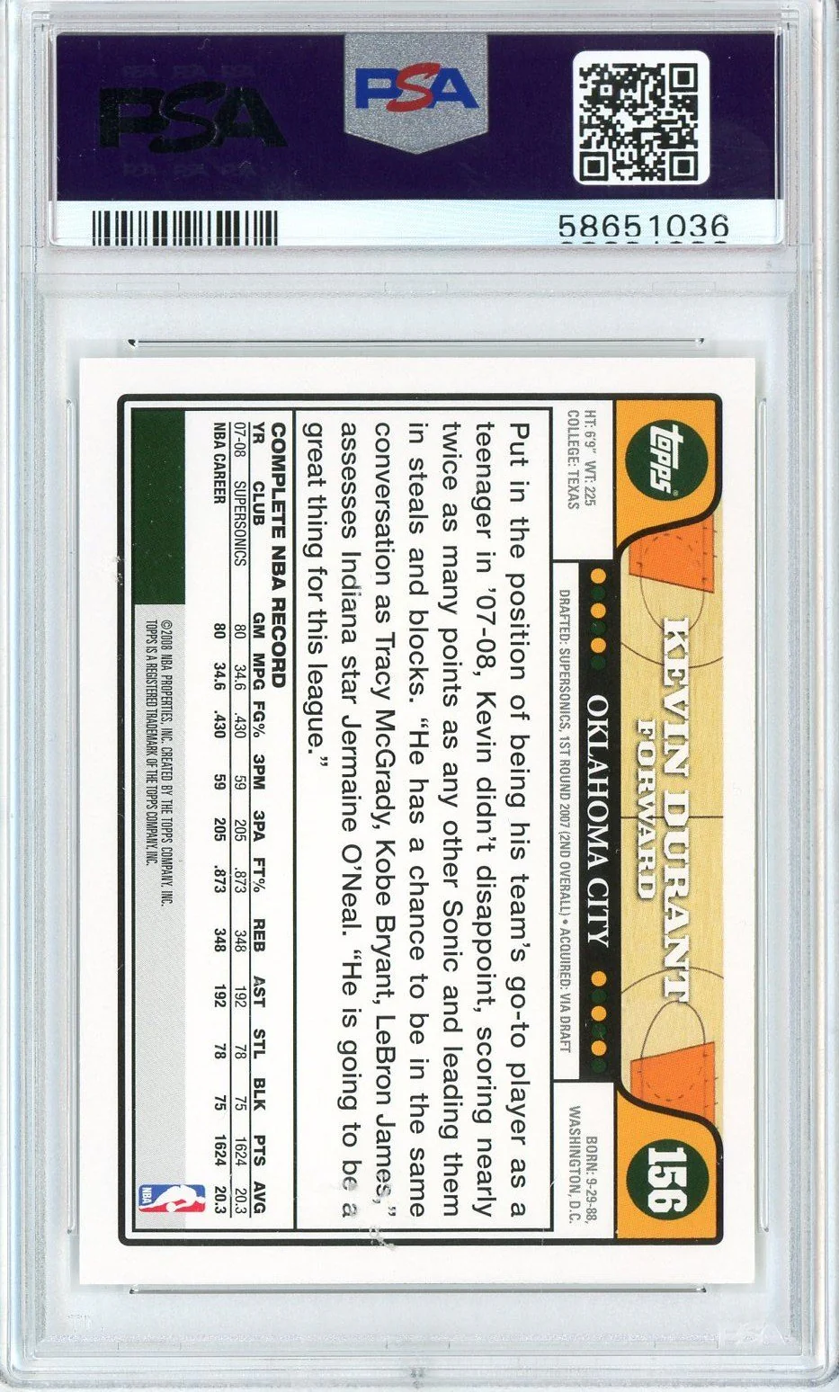Graded 2008 Topps Kevin Durant #156 Basketball Card PSA 10 Gem Mint - Image 2