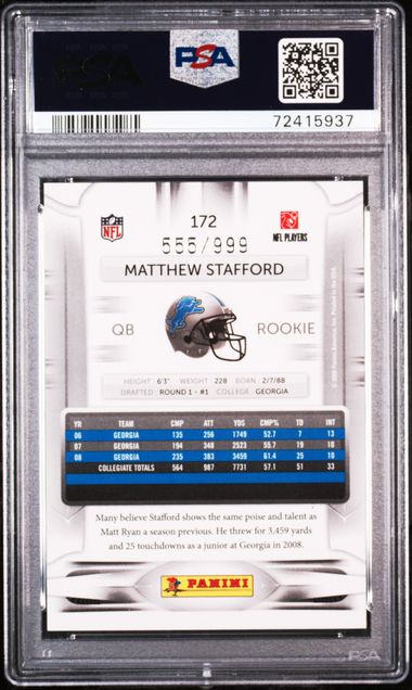 Graded 2009 Panini Playoff Prestige Matthew Stafford #172 /999 Light Blue Rookie RC Football Card PSA 10 Gem Mint - Image 2
