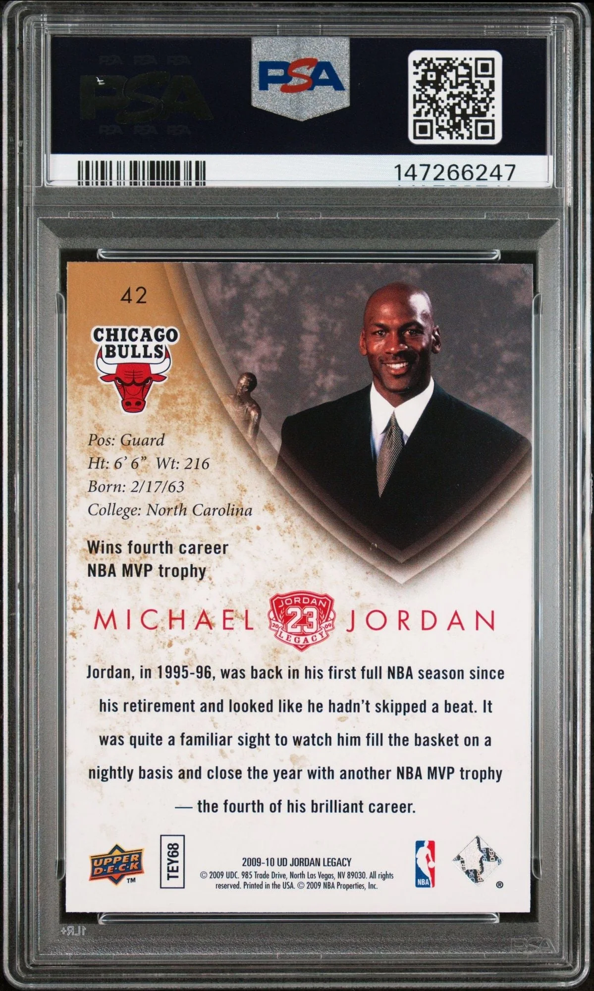 Graded 2009 UD Upper Deck Michael Jordan #42 Legacy Gold 1996 MVP Basketball Card PSA 10 Gem Mint - Image 2