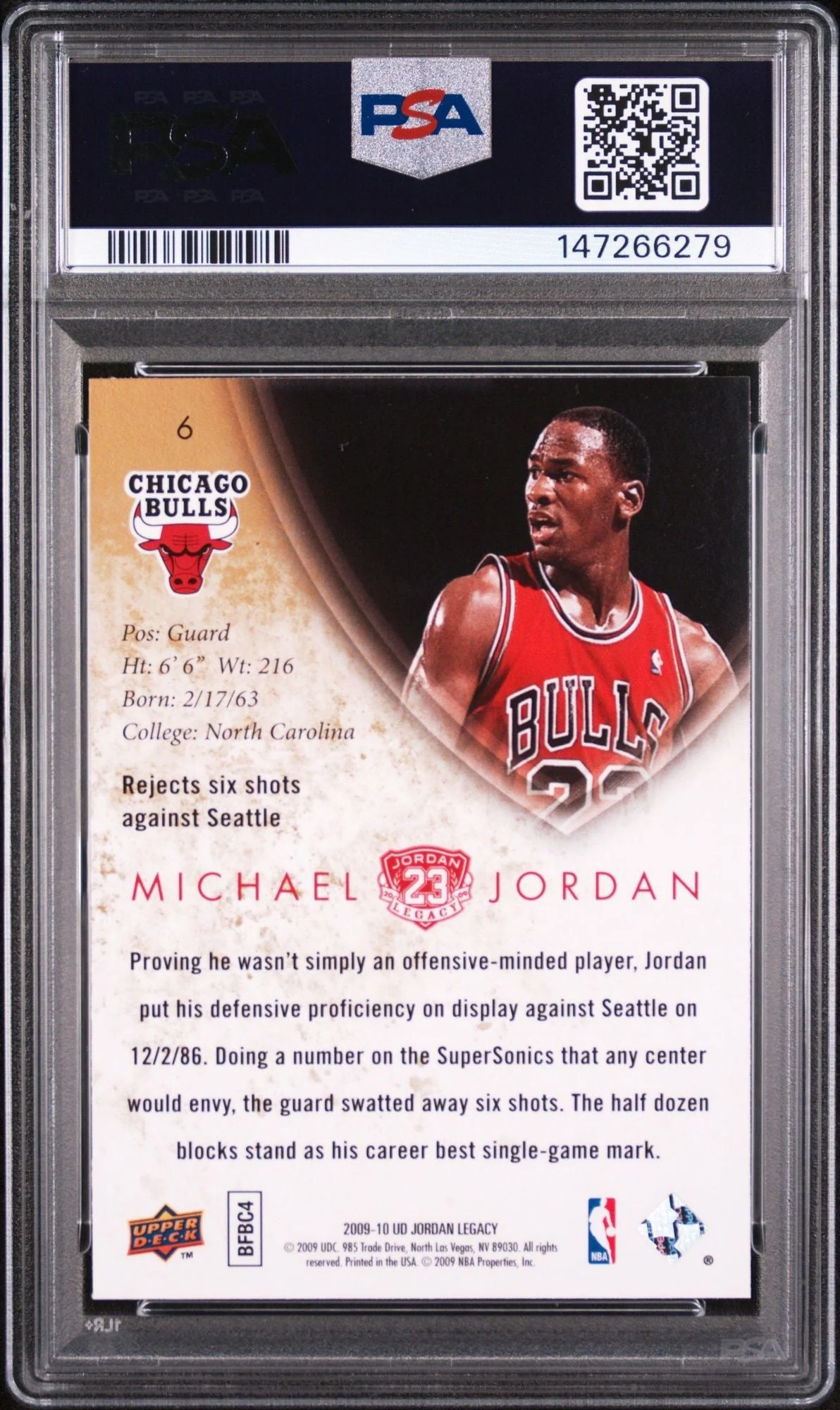 Graded 2009 UD Upper Deck Michael Jordan #6 Legacy Gold 6 Blocked Shots Basketball Card PSA 10 Gem Mint - Image 2