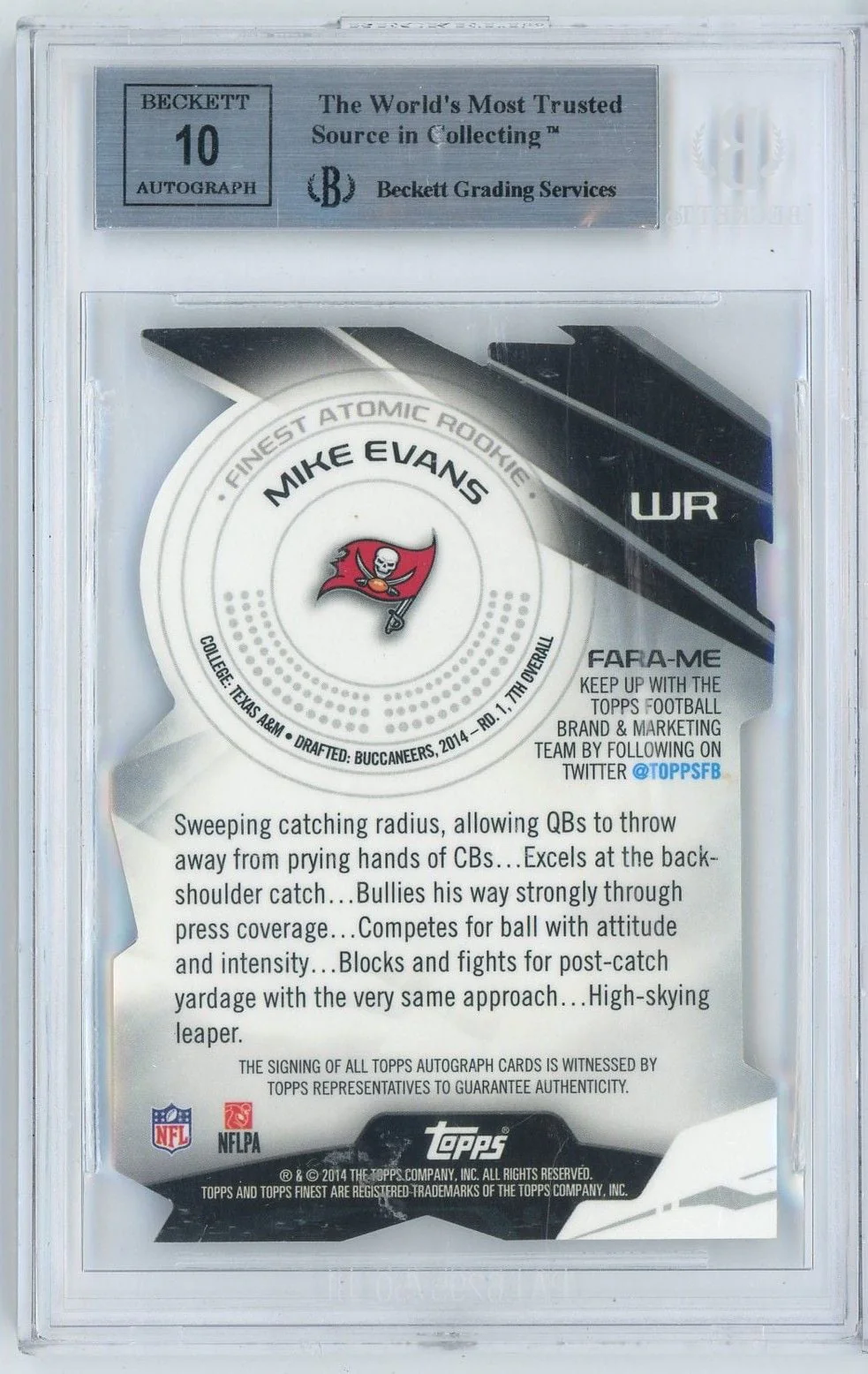 Graded 2014 Topps Finest Mike Evans #FARAME /10 Atomic Rookies Autographs Pulsar Refractors Rookie RC Football Card BGS 9 Auto 10 - Image 2