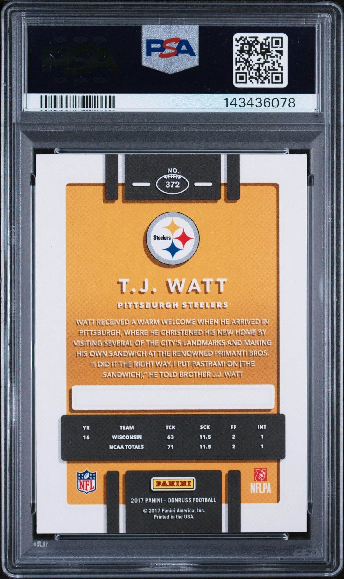 Graded 2017 Panini Donruss TJ Watt #372 Rookie RC Football Card PSA 10 Gem Mint - Image 2