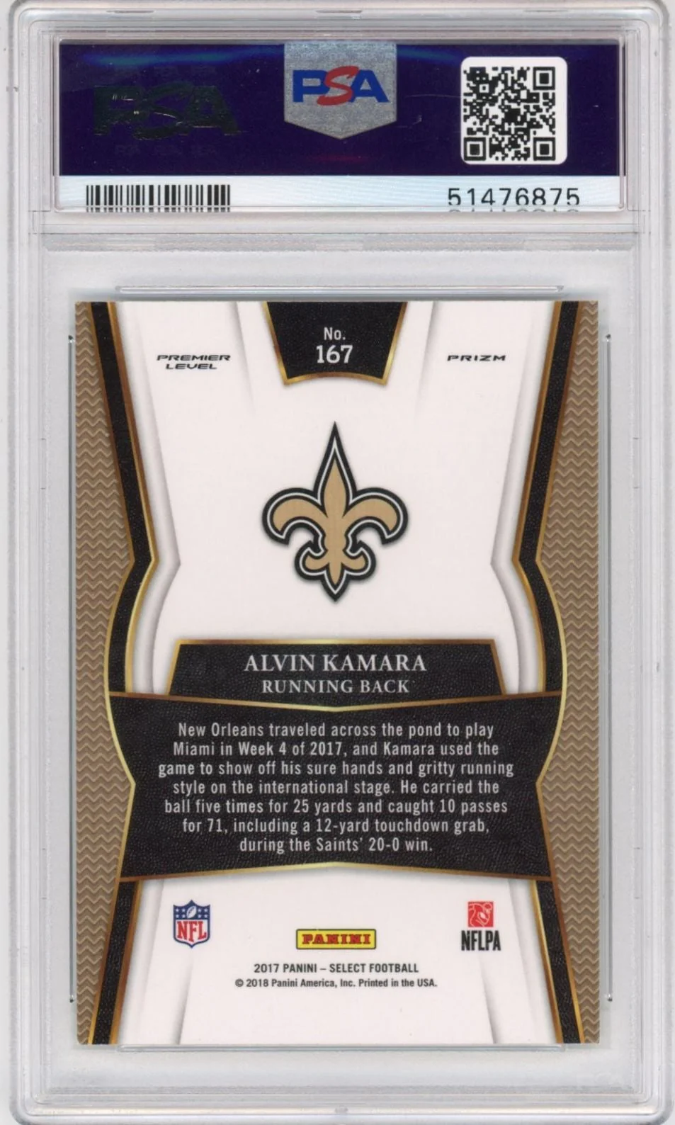 Graded 2017 Panini Select Alvin Kamara #167 Rookie RC Football Card PSA 10 Gem Mint - Image 2