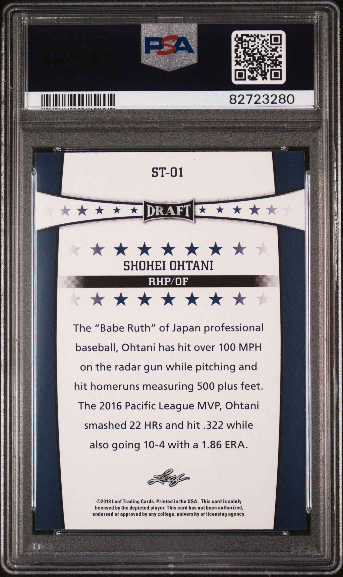 Graded 2018 Leaf Draft Shohei Ohtani #ST-01 Draft Stars Rookie RC Baseball Card PSA 10 Gem Mint - Image 2