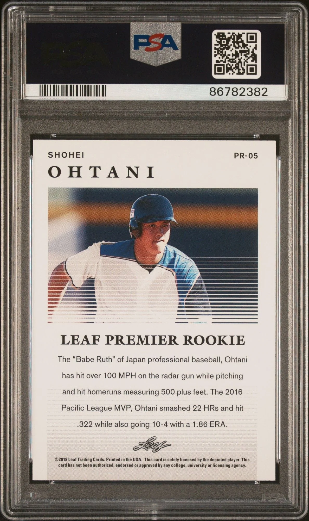 Graded 2018 Leaf Shohei Ohtani #PR-05 Premium Rookies Rookie RC Baseball Card PSA 10 Gem Mint - Image 2