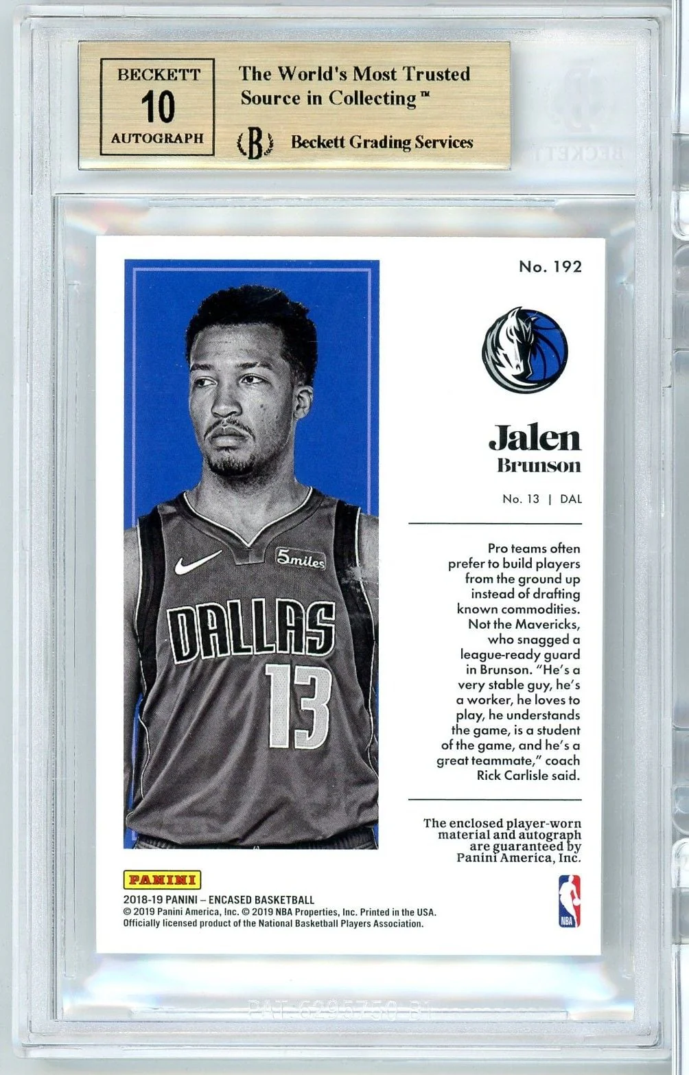 Graded 2018 Panini Encased Jalen Brunson #192 /10 Gold Player Worn RPA Rookie RC Basketball Card BGS 9.5 Auto 10 Gem Mint - Image 2