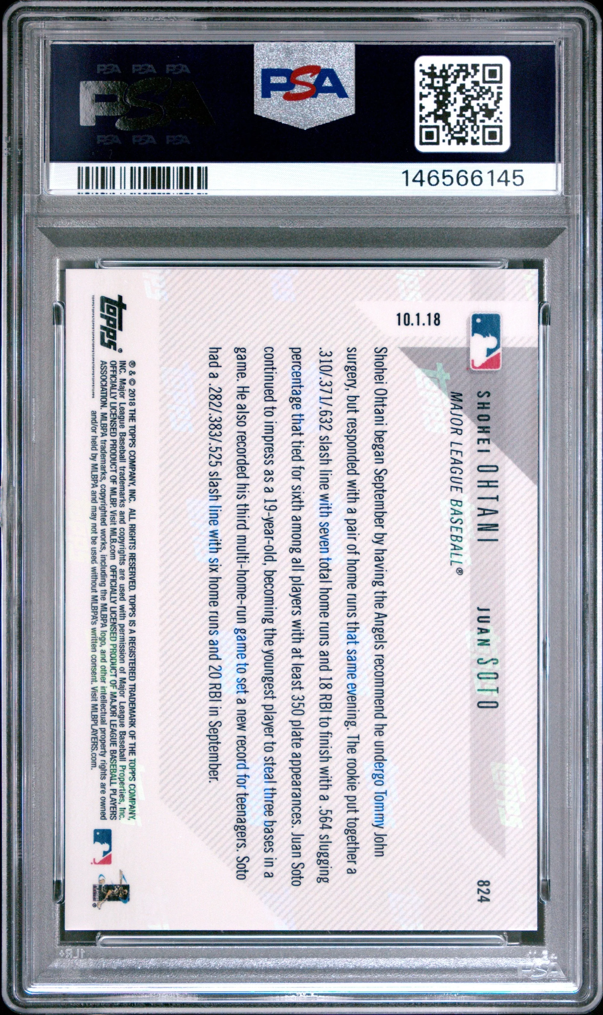 Graded 2018 Topps Now Shohei Ohtani & Juan Soto #824 AL & NL Rookies of the Month Rookie RC Baseball Card PSA 10 Gem Mint - Image 2