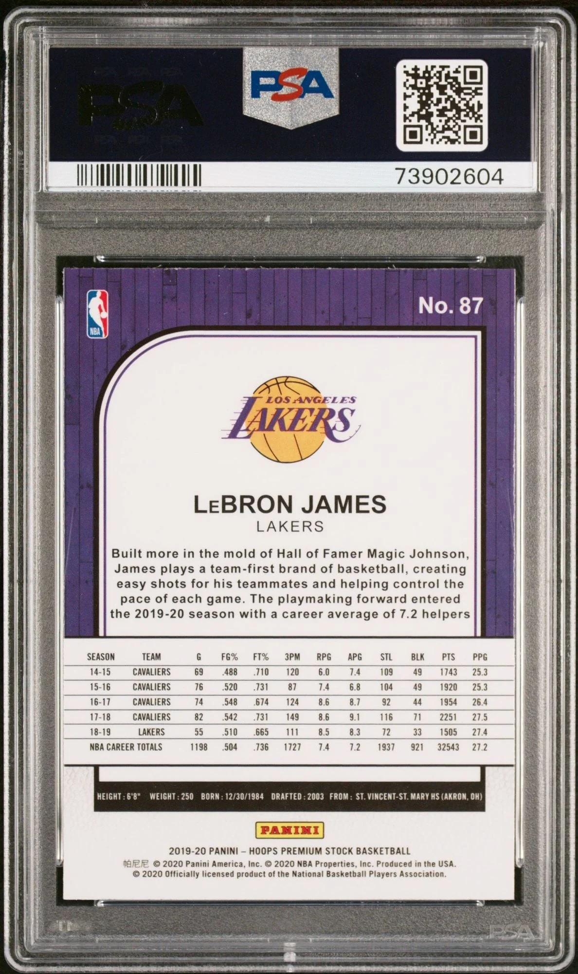 Graded 2019 Panini NBA Hoops Premium Stock LeBron James #87 Basketball Card PSA 10 Gem Mint - Image 2