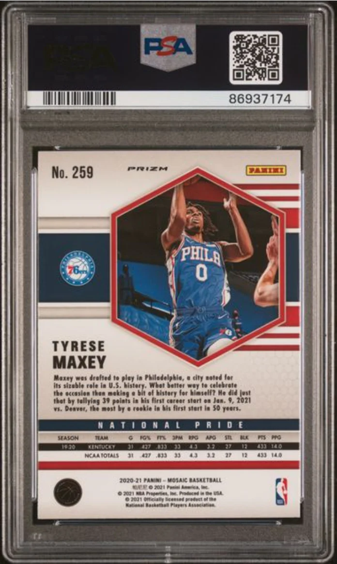 Graded 2020 Panini Mosaic Tyrese Maxey #259 Reactive Red Rookie RC Basketball Card PSA 10 Gem Mint - Image 2