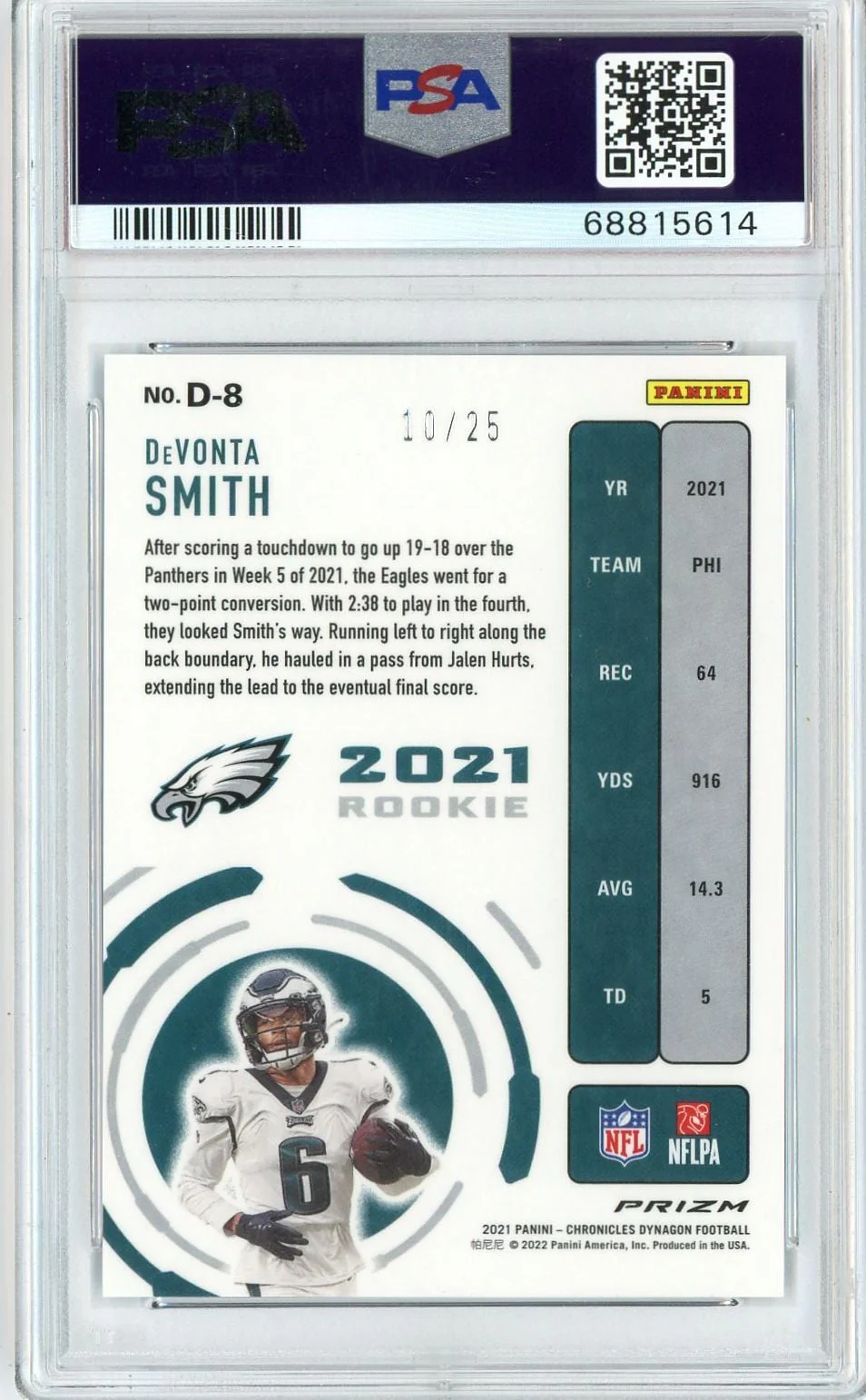 Graded 2021 Chronicles Devonta Smith #D8 Dynagon Rookies Blue /25 Rookie RC Football Card PSA 10 Gem Mint - Image 2