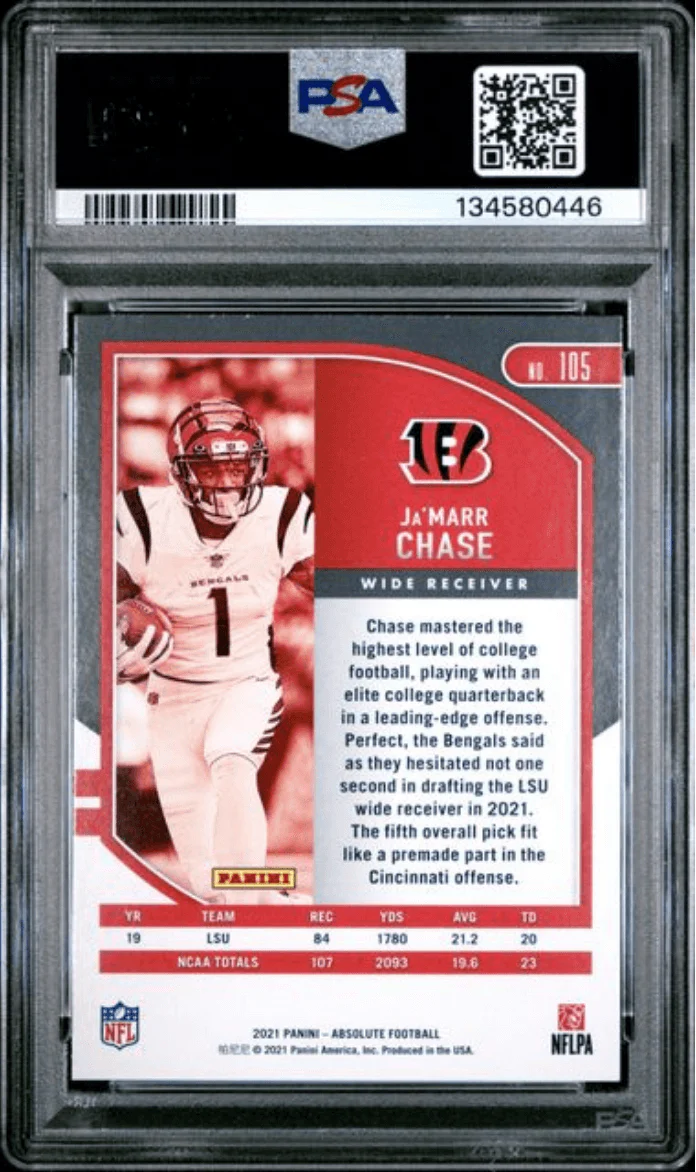 Graded 2021 Panini Absolute Ja'Marr Chase #105 Rookie RC Football Card PSA 10 Gem Mint - Image 2