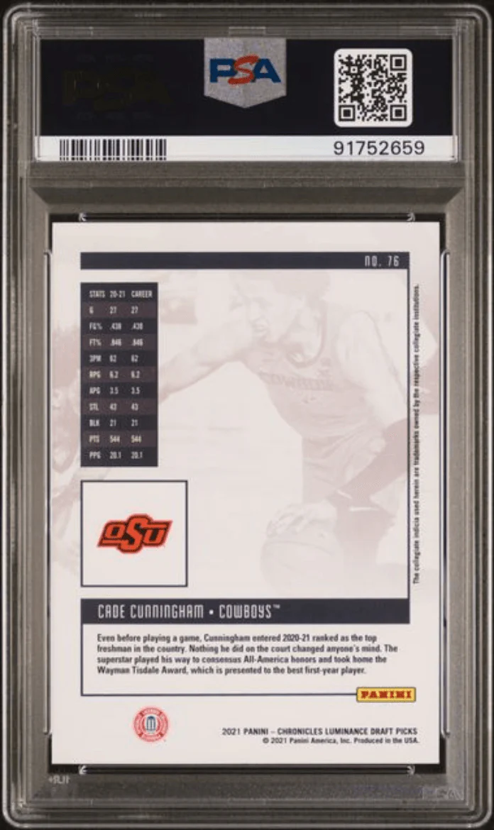 Graded 2021 Panini Chronicles Draft Picks Cade Cunningham #76 Rookie RC Basketball Card PSA 10 Gem Mint - Image 2