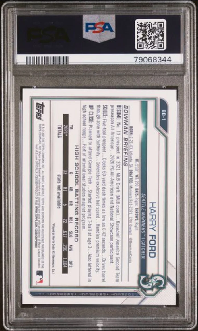Graded 2021 Topps Bowman Draft Harry Ford #BD1 Rookie RC Baseball Card PSA 10 Gem Mint - Image 2