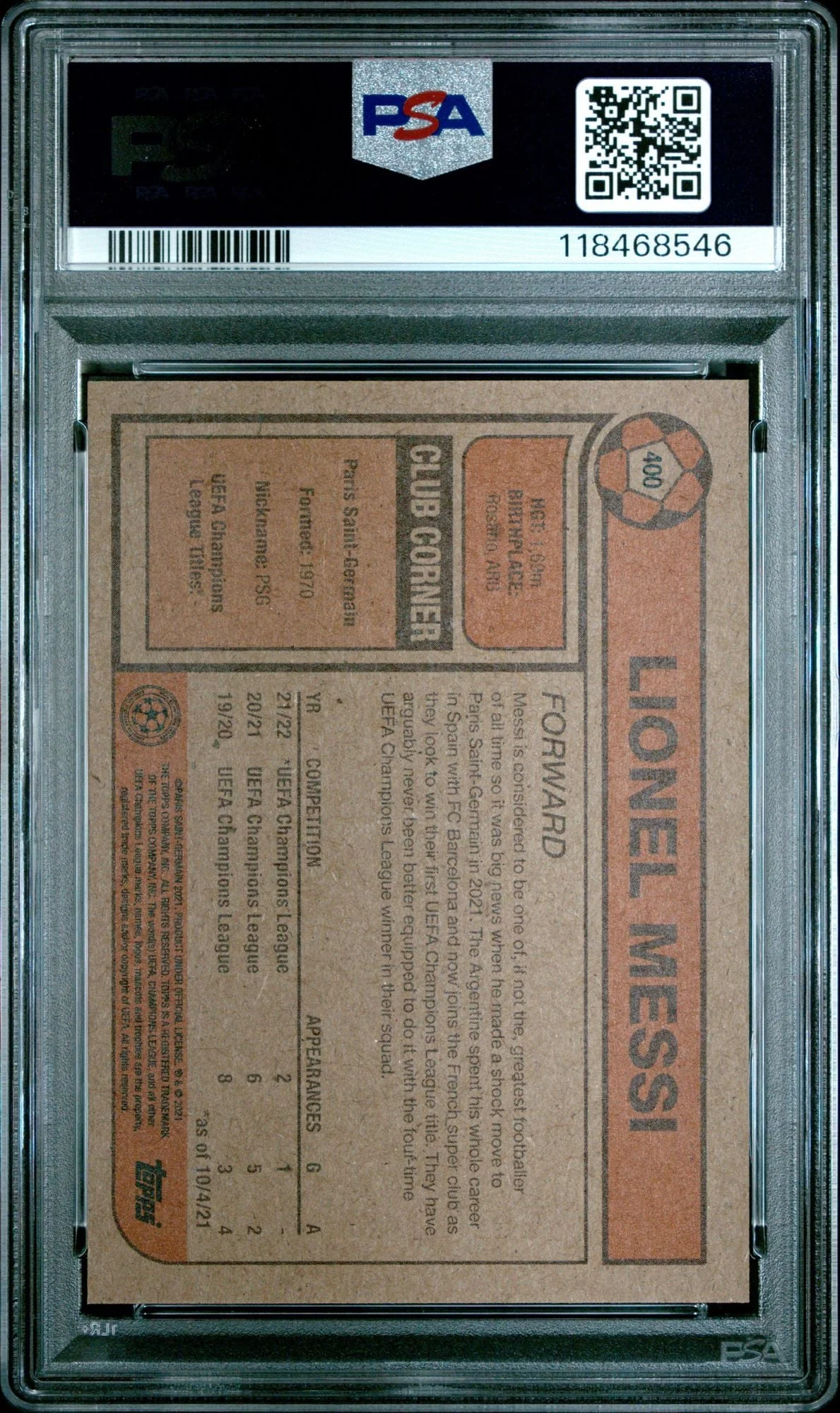 Graded 2021 Topps Living UCL Lionel Messi #33 UEFA Champions League Soccer Card PSA 10 Gem Mint - Image 2