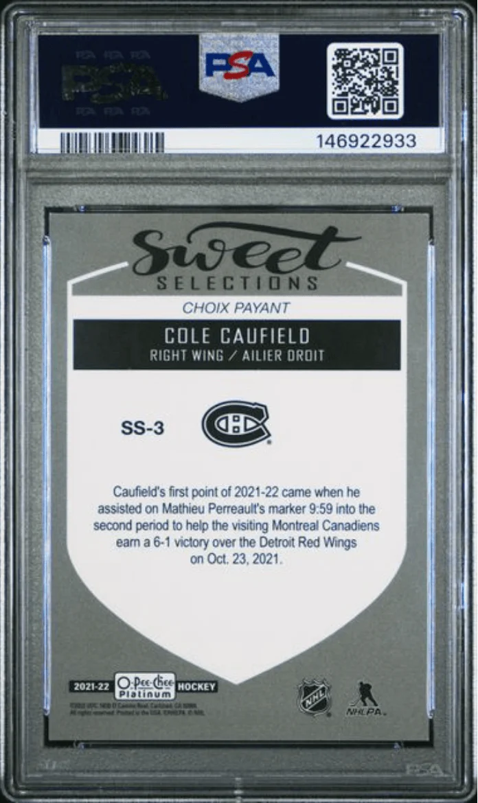 Graded 2021 Upper Deck OPC Platinum Cole Caufield #SS3 Sweet Selections Rookie RC Hockey Card PSA 10 Gem Mint - Image 2