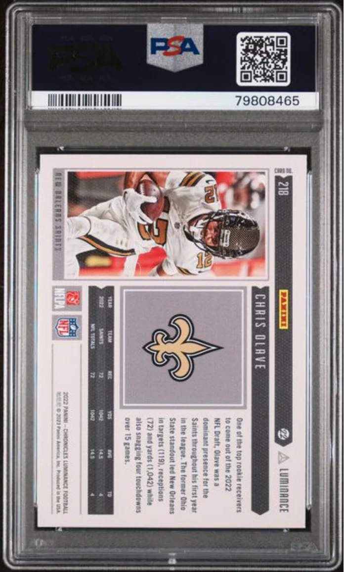 Graded 2022 Panini Chronicles Chris Olave #218 Luminance Update Rookies Rookie RC Football Card PSA 10 Gem Mint - Image 2