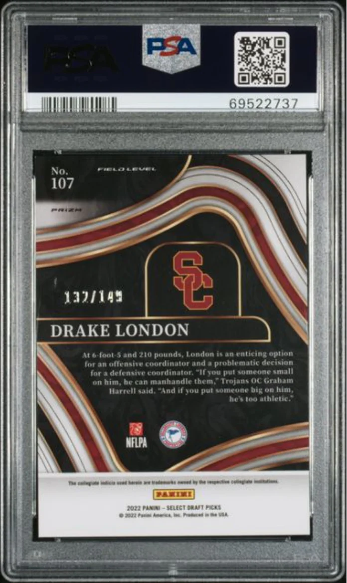 Graded 2022 Panini Select Draft Picks Drake London #107 Red Prizm /149 Rookie RC Football Card PSA 10 Gem Mint - Image 2