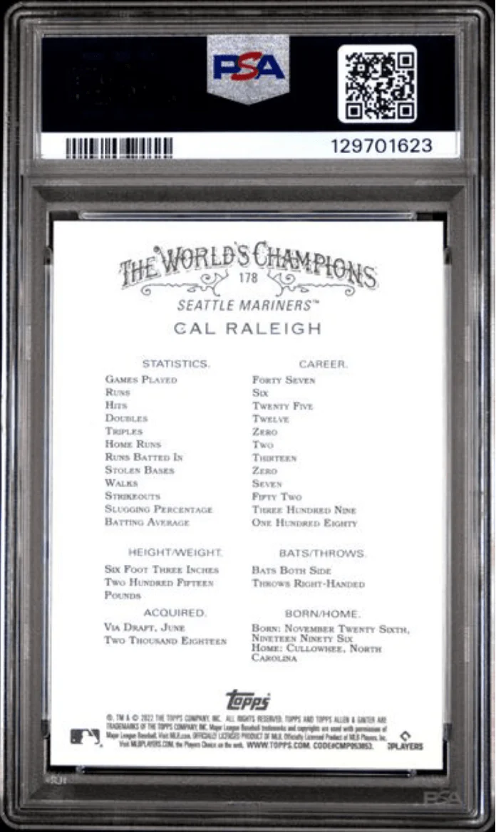 Graded 2022 Topps Allen & Ginter Cal Raleigh #178 Rookie RC Baseball Card PSA 10 Gem Mint - Image 2